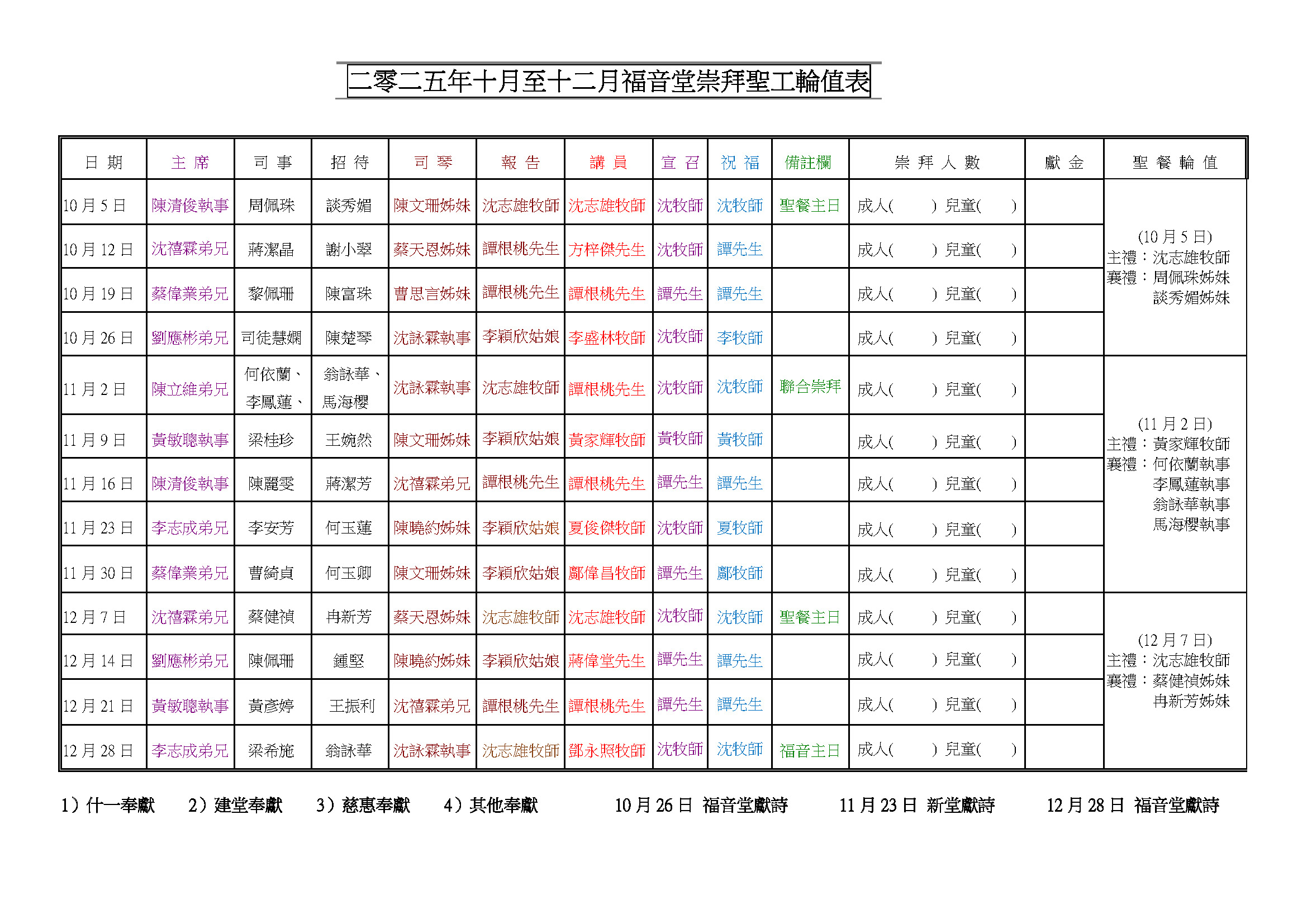 2025年10月至12月崇拜聖工輪值表 – Revised 20.09.2025