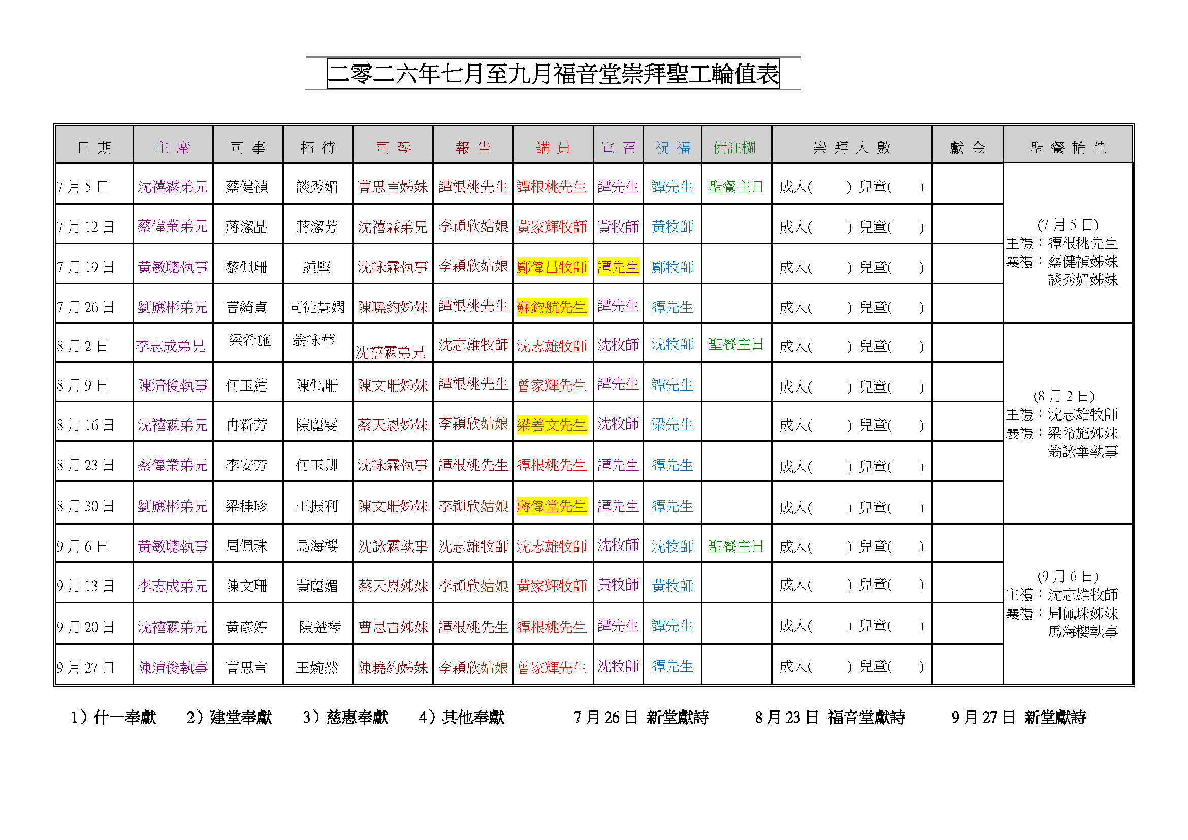 2026年7月至9月福音堂聖工輪值表_無講員聯絡資料